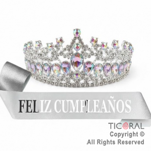 SET VINCHA Y BANDA FELIZ CUMPLEA�OS GEMAS Y STRASS PLATA (10549J) X 1
